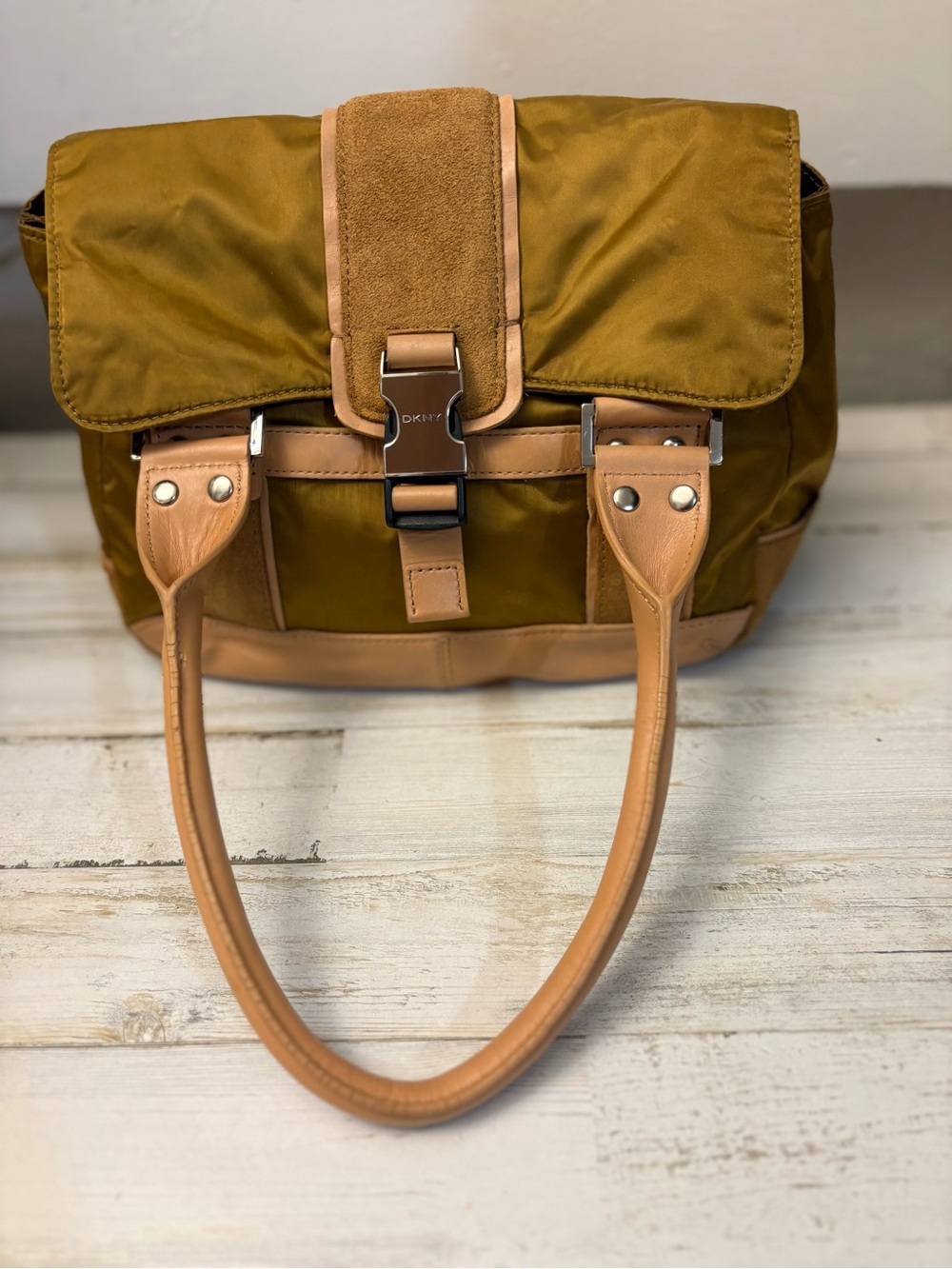 DKNY Olive Nylon Satchel with Tan Leather Suede